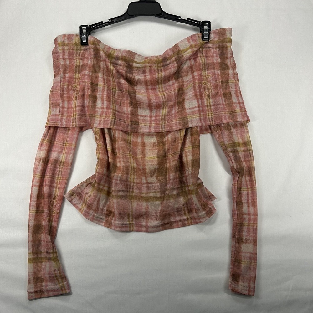 Cider Preloved Woman's Off The Shoulder Long Sleeve Mesh Top Small Plaid Pink